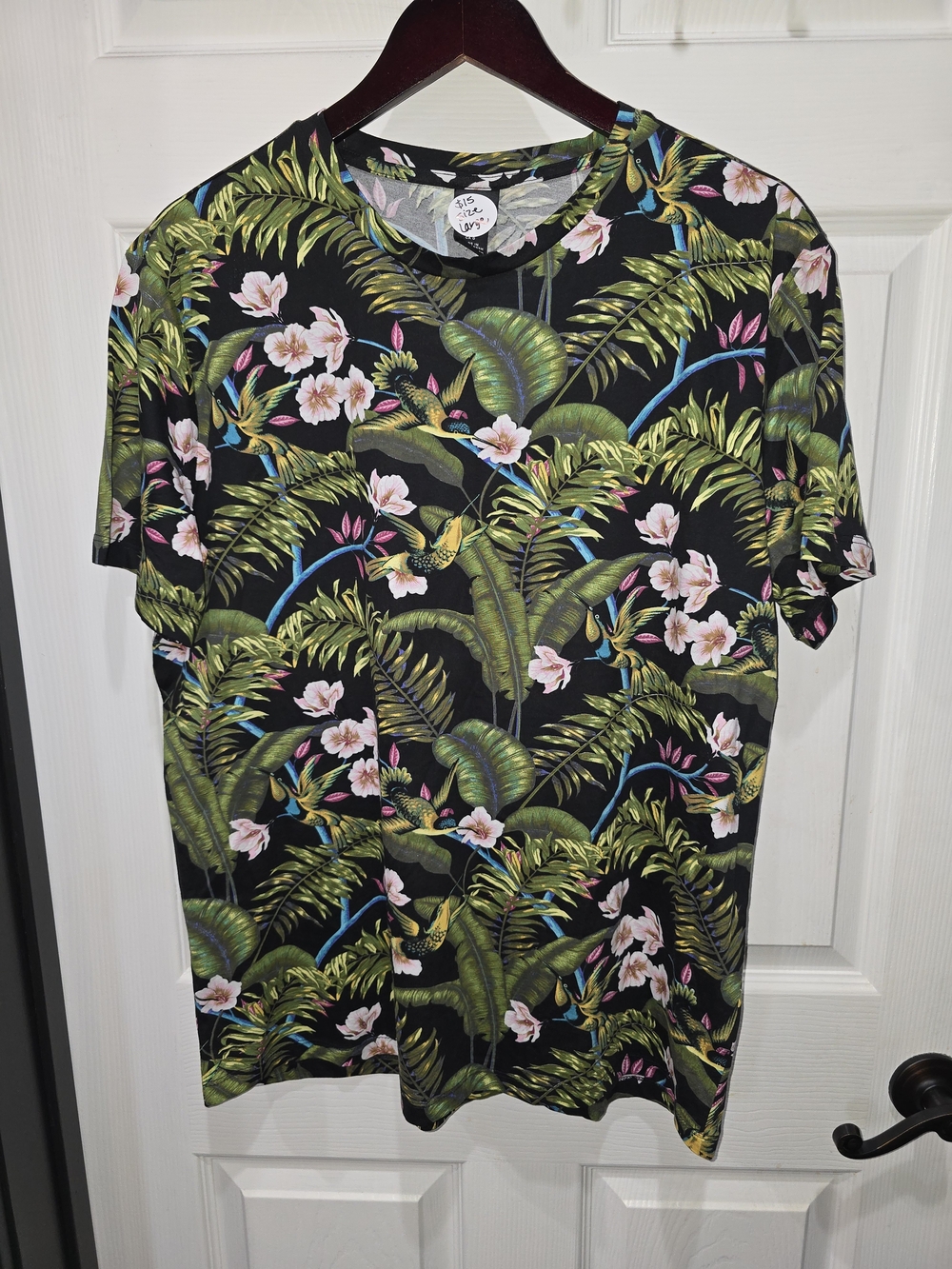 H&M Black Tropical Floral Short-Sleeve Shirt with Green and Pink Print